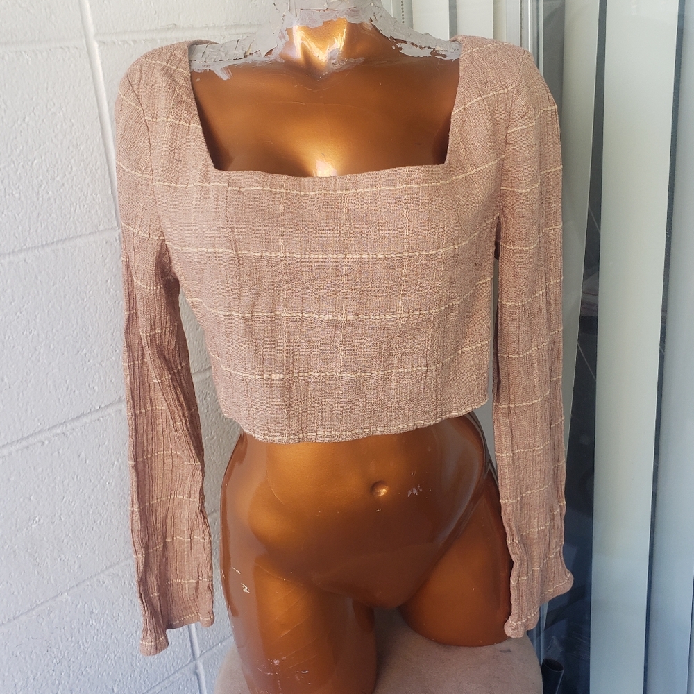 free people long sleeve square neck light brown cotton gauzy crop top plaid 10